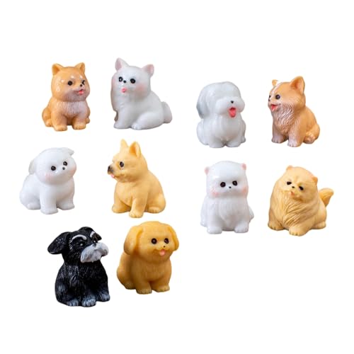 Katolang Juego de 10 figuras de perro en miniatura, lindo cachorro, modelo de resina, adorno para escritorio, coche, jardinería, casa de muñecas, modelos de animales, decoración de micro paisaje, 10