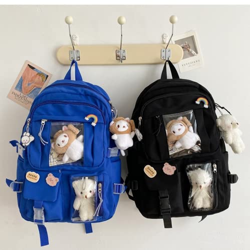 Kawaii - Mochila de animé estético con alfileres con colgante de oso de pescado y gato, suministros escolares de estilo japonés, Azul / Patchwork, L, Mochilas Daypack