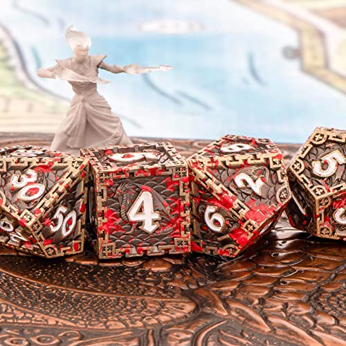 KERWELLSI Juego de dados DND de metal con caja de regalo, 7 piezas de oro antiguo dragón salpicado de sangre RPG D&D dados, poliédricos D y D D+D juegos de rol juego de dados D20 D12 D10 D% D8 D6 D4