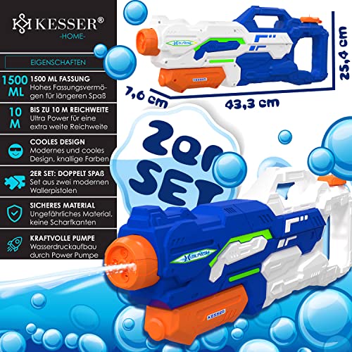 KESSER® Juego de pistolas de agua de 2 pistolas de agua pistolas rociadoras rango 10-11 metros, capacidad 1500ml diversión en el agua juguetes de playa al aire libre para niños, azul/blanco