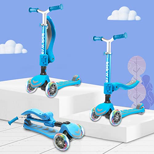 Kicknroll - Patinete 2 en 1 para niños de 3 a 8 años, plegable y 4 de altura ajustable con asiento, flash LED de 3 ruedas, carga de 50 kg, cubierta ancha y antideslizante, patinete para niños y niñas