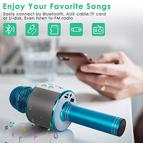 KIDWILL Micrófono Inalámbrico Bluetooth Karaoke, 5-en-1 Portátil Radio FM Karaoke Mic Altavoz Reproductor Grabador para Niños Adultos Cumpleaños Fiesta KTV Compatible con iPhone Android iPad PC(Azul)