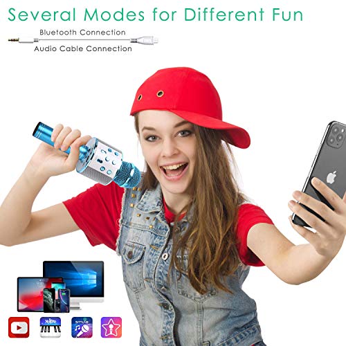 KIDWILL Micrófono Inalámbrico Bluetooth Karaoke, 5-en-1 Portátil Radio FM Karaoke Mic Altavoz Reproductor Grabador para Niños Adultos Cumpleaños Fiesta KTV Compatible con iPhone Android iPad PC(Azul)