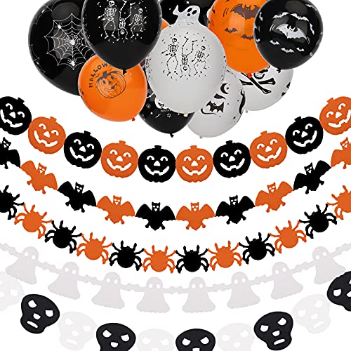 KINBOM Halloween Fiesta Decoración Kit Paquete Pancartas Decoración Halloween Incluye 5 Pancartas Halloween y 25 Globos de Calavera Halloween Accesorios Fantasma para Decoració Fiestas Halloween