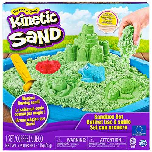 Kinetic Sand -ARENA MÁGICA - SET SANDBOX - Set con Arenero Niños, 454g de arena verde y 4 accesorios - Kit Manualidades Niños - 6029059 - Juguetes Niños 3 Años +
