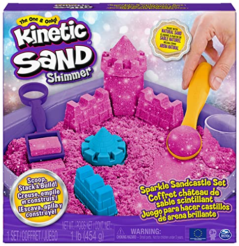 Kinetic Sand |Castillo de Arena Shimmer | Arena cinética 454gr | Arena mágica | Arena Colorida Brillante Rosa | 3 Accesorios y Bandeja incluidos | Juguetes para niños y niñas 3 años