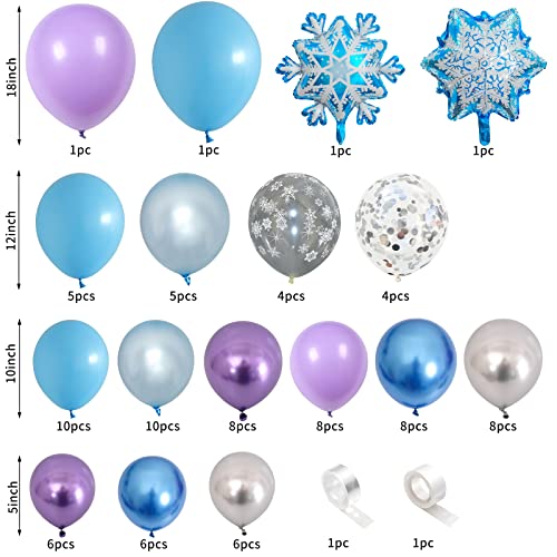 Kit de arco de guirnalda de globos de copo de nieve, 94 piezas de decoración de fiesta de cumpleaños congelada, azul metálico, morado, plateado, copo de nieve para el país de las maravillas de inviern