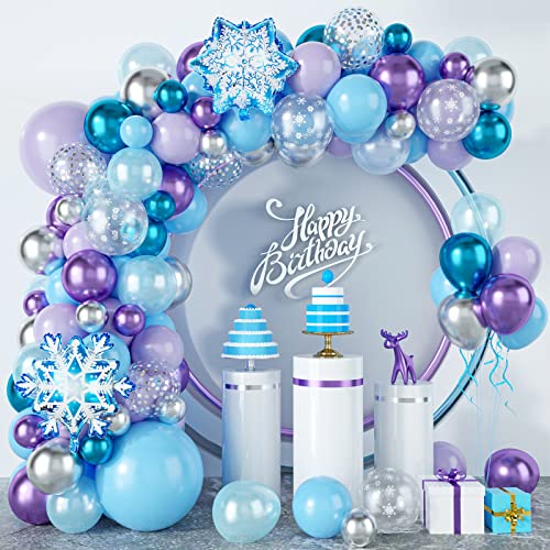 Kit de arco de guirnalda de globos de copo de nieve, 94 piezas de decoración de fiesta de cumpleaños congelada, azul metálico, morado, plateado, copo de nieve para el país de las maravillas de inviern