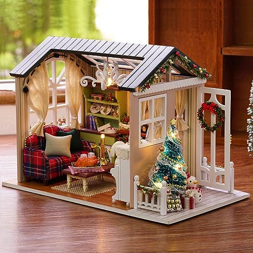 Kit de casa de muñecas en Miniatura 1:24 Mini 3D de Madera con Muebles, Luces LED, decoración de Navidad, Regalo de cumpleaños para niños, Adolescentes, Adultos (Holiday Time) (Caja de música)