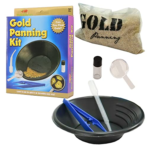 Kit de Panning Gold para niños, ¿puedes encontrar el oro? Pan a través de la suciedad de pago Para ver si puedes encontrar las pepitas de pirita, bandeja de minería, pinzas, pipeta e instrucciones