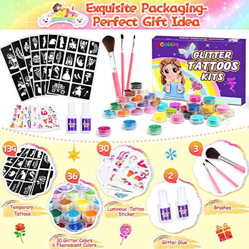 Kit de Tatuajes de Purpurina Temporales luminosos, Regalo de Cumpleaños, incluye Brillo y Plantilla, para Niños de 6 Años+, Multicolor