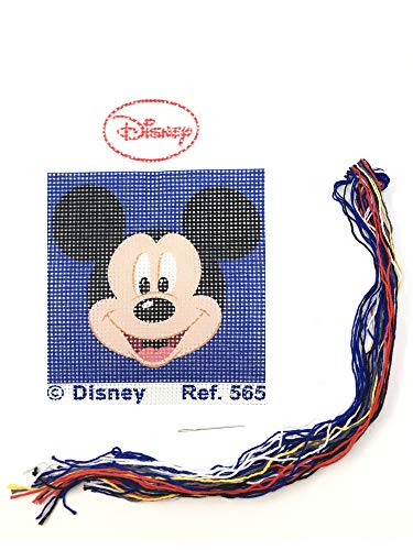 Kit Medio Punto con Dibujos de Disney - Mickey Mouse. Punto de Cruz manualidad DIY para niños, Incluye cañamazo e Hilos de Colores según Estampado. Lienzo de 18 x 15 cm.