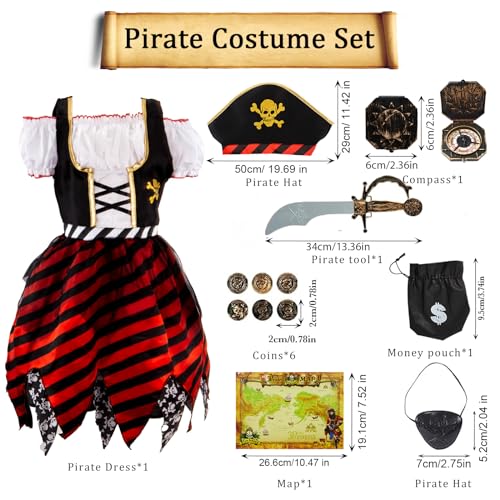 Kitimi Disfraz Pirata Niña Vestido Pirata Niño con Pirata Accesorios Sombrero Pirata Espada Pirata Máscara de Ojo Mapa Parche Brújula Monedero Pendiente para Carnaval Cosplay Halloween Costume Niño