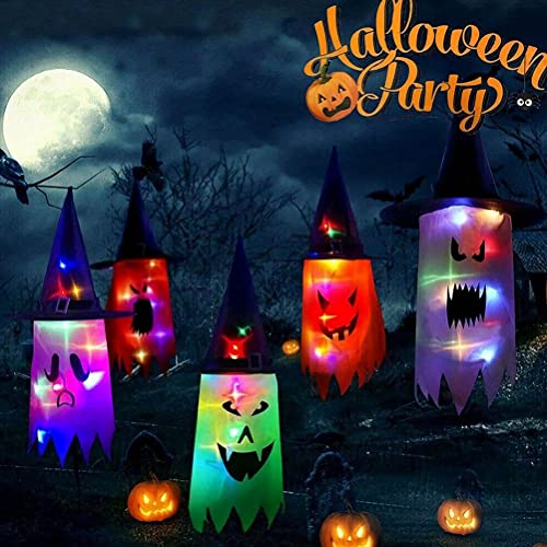 KKPLZZ Decoraciones de halloween Ilumina Sombreros de Bruja Fantasma Colgantes Fantasma Maléfico Decoración de Halloween Adornos Fantasmas Colgantes para el Hogar Jardín Fiesta Interior Exterior