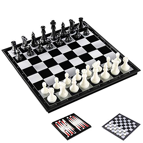 KOKOSUN Juego de ajedrez de viaje 3 en 1, damas, juego de backgammon, juegos de mesa plegables magnéticos, juguetes educativos/regalo para niños y adultos (M - 32 x 32 cm)