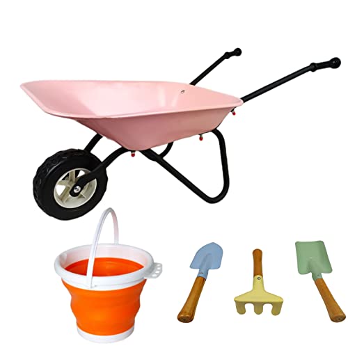KOVOME Juguete de carretilla para niños, juego de carretilla de metal pequeño para jardinería, herramientas de patio, regalo para niños y niñas, carretillas de niños (rosa y negro)