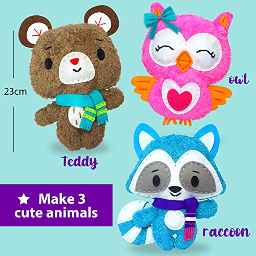 KRAFUN Kit de costura para niños principiantes, arte y manualidades, incluye 3 muñecas de peluche, instrucciones y materiales de fieltro de felpa para aprender a coser, habilidades, bordado, peluche
