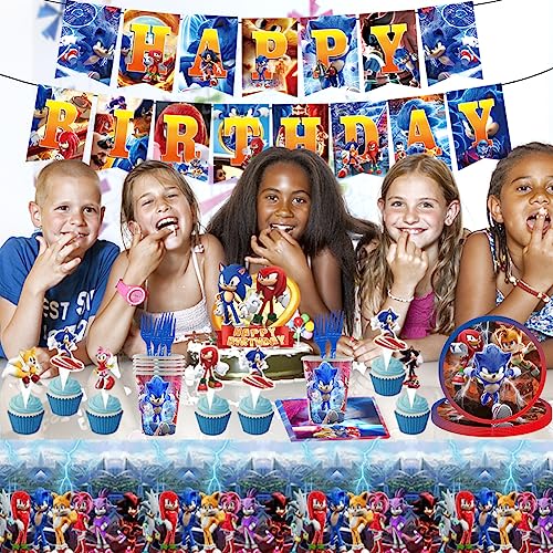 Ksopsdey Vajilla Sonic Platos de Papel Servilletas y Manteles, Suministros de Fiesta de Cumpleaños con Temática de Sonic para niñas Niños Baby Shower Servir 10 Invitados