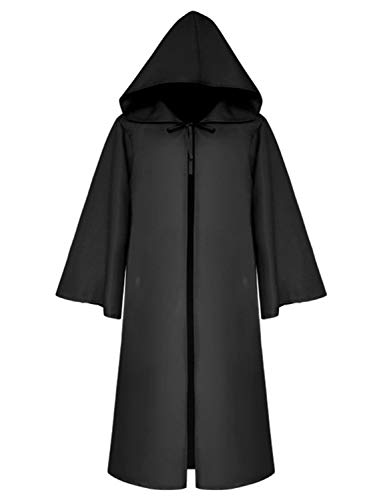 LATH.PIN Capa con capucha para hombre, ropa medieval, abrigo gótico, caballero, túnica larga, disfraz de Halloween, unisex, cosplay, bruja, vampiro (negro, S)