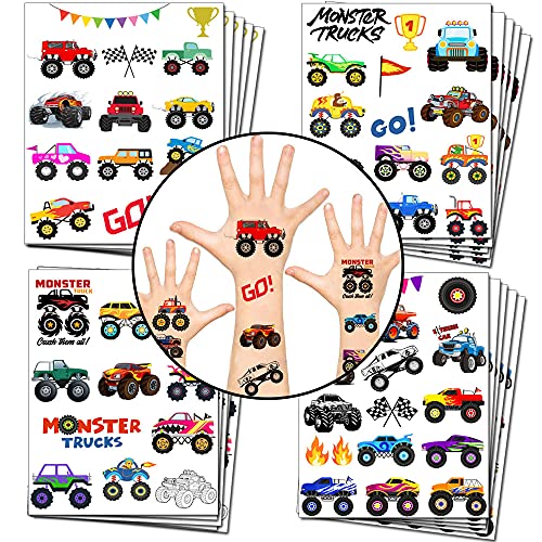 Lcnjscgo El Juego de Recuerdos de Fiesta de Monster Truck Incluye Pulseras de palmada, llaveros, Tatuajes temporales, Insignias de alfiler, Bolsas de Regalo para niños, Paquete Todo en uno