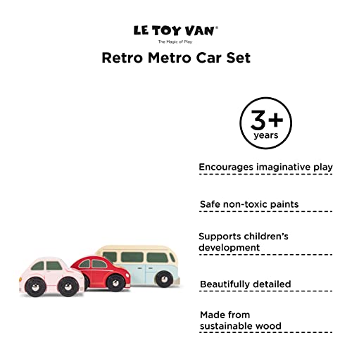 Le Toy Van - TV463 - Coches de juguete para niños de 2 años en madera FSC, juego de 3 vehículos en estilo vintage, compatibles con todas las vías de tren de madera estándar, sin plástico