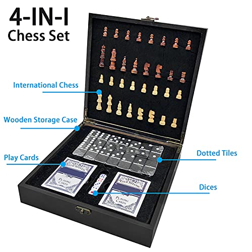 Lechnical Juego de ajedrez 4 en 1 para niños y Adultos, Juego de Tablero de ajedrez para Jugar a Las Cartas de ajedrez, Dados, Azulejos punteados