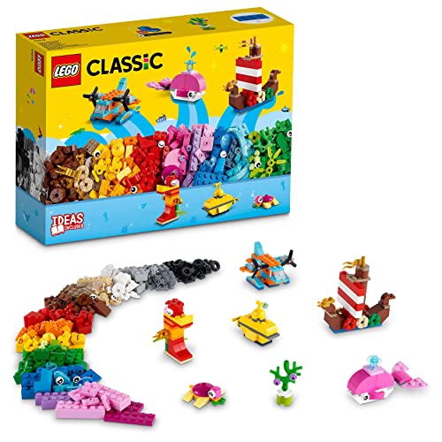 LEGO 11018 Classic Diversión Oceánica, Caja de Ladrillos con 6 Figuras de Animales Marinos, un Dron y un Barco Vikingo, Juego de Construcción para Niños