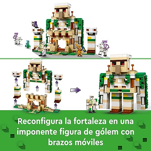 LEGO 21250 Minecraft La Fortaleza del Golem de Hierro, Castillo de Juguete Que se Transforma en Gran Figura con 7 Personajes incluídos Caballero de Cristal, Jinetes Esqueléticos y un Creeper Cargado