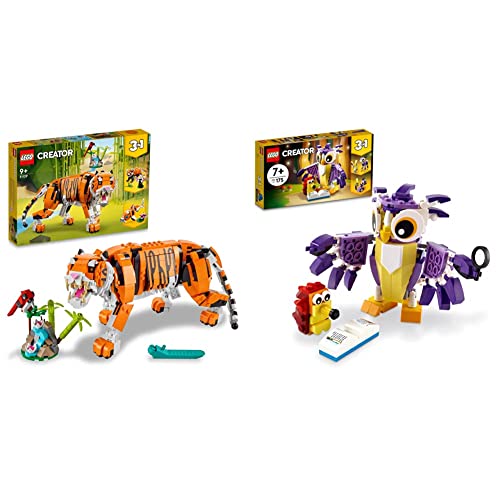 LEGO 31129 Creator 3en1 Tigre Majestuoso, Oso Panda o Pez & 31125 Creator Criaturas Fantásticas del Bosque, Juego de Construcción 3 en 1: Conejo, Ardilla y Búho, Set de Animales de Juguete para Niños