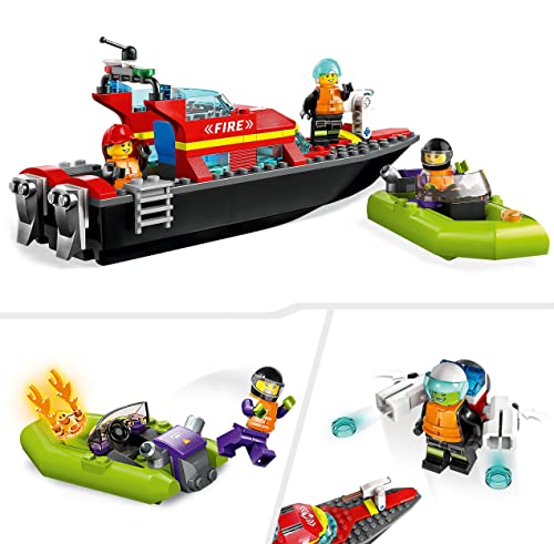 LEGO 60373 City Lancha de Rescate de Bomberos y Zodiac, Barcos Flotantes, Mochila Propulsora, Juguetes de Baño para Niños y Niñas de 6 Años o Más