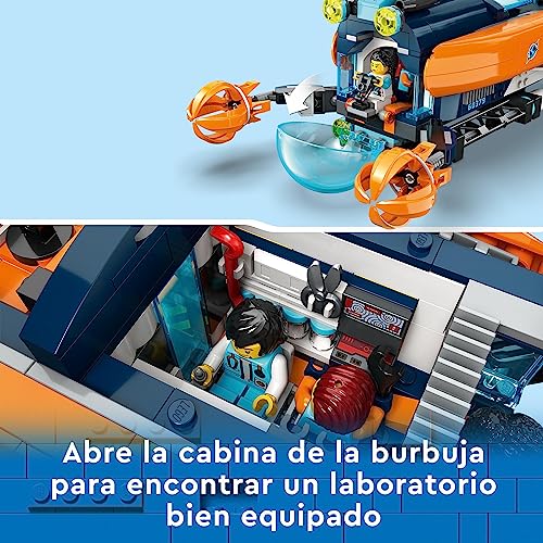 LEGO 60379 City Submarino Explorador de Las Profundidades Marinas, Juguete Subacuático del Océano con Dron, Figuras de Tiburones y Minifiguras de Buzo, Regalo de Reyes para Niños y Niñas de 7 + Años