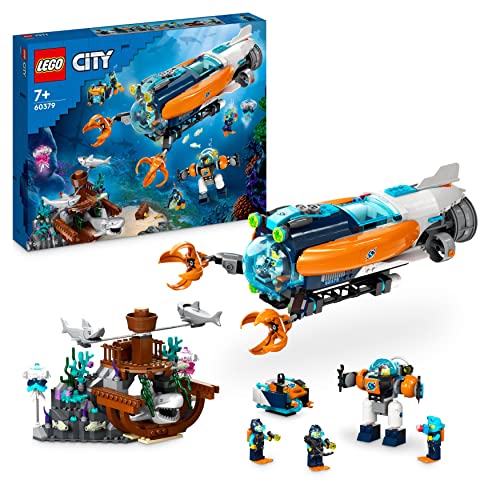 LEGO 60379 City Submarino Explorador de Las Profundidades Marinas, Juguete Subacuático del Océano con Dron, Figuras de Tiburones y Minifiguras de Buzo, Regalo de Reyes para Niños y Niñas de 7 + Años