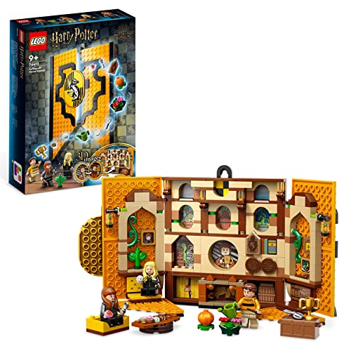 LEGO 76412 Harry Potter Estandarte de la Casa Hufflepuff, Sala Común del Castillo de Hogwarts o Cuadro de Pared, Juguete de Viaje Coleccionable, 3 Mini Figuras