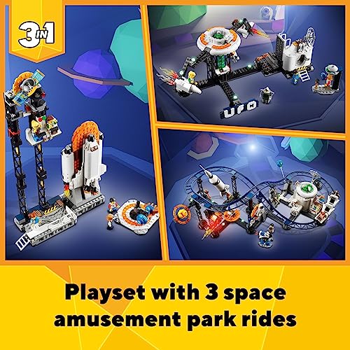 LEGO Creator Space Roller Coaster 31142 - Juego de juguetes de construcción 3 en 1 con una montaña rusa, torre de caída o carrusel más 5 minifiguras, parque de atracciones reconstruible, juguete de