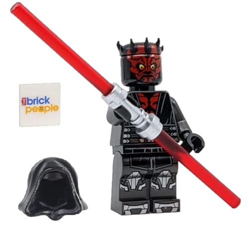 LEGO Star Wars: Minifigura de Darth Maul con armadura plateada metálica, capucha, capa y sable de luz dual