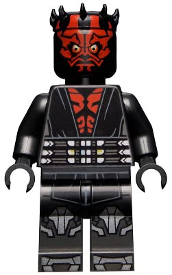 LEGO Star Wars: Minifigura de Darth Maul con armadura plateada metálica, capucha, capa y sable de luz dual