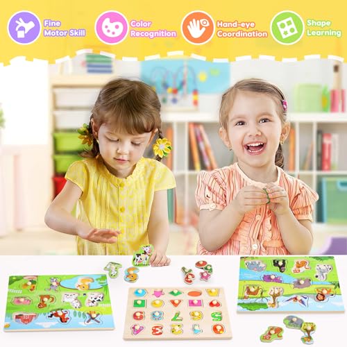 lenbest 3 Piezas Puzzle Madera - Juguetes Niños 2 3 Años - Juguetes Montessori 1 Año - Juegos Educativos - Puzzle Bebe