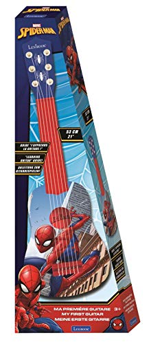 LEXIBOOK- Marvel Spiderman-Mi Primera Guitarra, 53 cm, 6 Cuerdas de Nailon, Instrumento Infantil, a Partir de 3 años K Spider-Man Peter Parker Nylon, guía incluida, Azul/Rojo, Color
