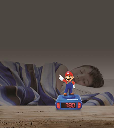 Lexibook Nintendo Super Mario-Reloj Despertador, a partir de 3 años, con Pantalla LCD Digital, quitamiedos niño, Azul/Roja RL800NI