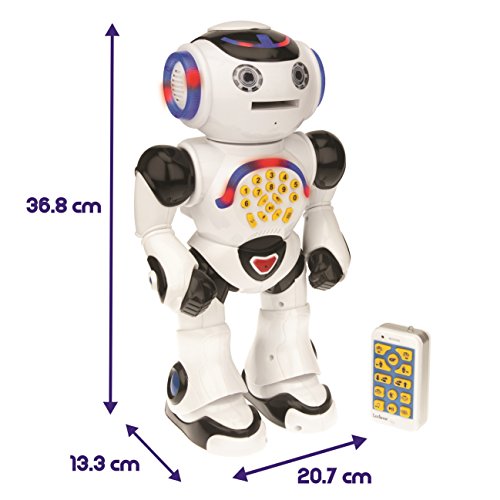 LEXIBOOK Powerman ROB50FR - Robot Educativo Interactivo para Jugar y Aprender, Bailar, Reproducir música, cuestionarios educativos, Lanza Discos, Blanco/Negro