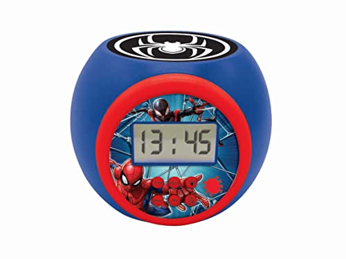 LEXIBOOK Reloj Despertador con proyector Spiderman Marvel con función de repetición y Alarma, luz Nocturna con Temporizador & Reloj Correa Ajustable Pantalla Digital -Rojo y Azul