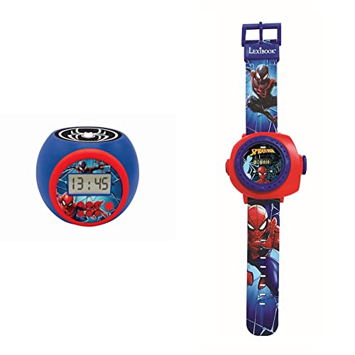 LEXIBOOK Reloj Despertador con proyector Spiderman Marvel con función de repetición y Alarma, luz Nocturna con Temporizador & Reloj Correa Ajustable Pantalla Digital -Rojo y Azul