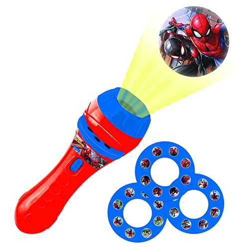 Lexibook Spiderman, Marvel-Linterna de bolsillo con proyector 3 discos y 24 imágenes LTC050SP, color rojo, azul