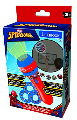 Lexibook Spiderman, Marvel-Linterna de bolsillo con proyector 3 discos y 24 imágenes LTC050SP, color rojo, azul