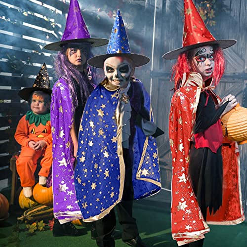 LGZIN Capa de Mago de Bruja con Sombrero, Disfraz de Halloween para Niños, Capa de Mago para Niños, Disfraz de Bruja con Sombrero, para Niños Niñas Fiesta de Halloween Cosplay (Azul)