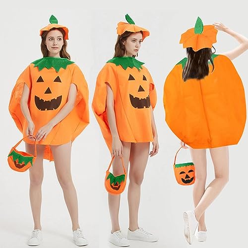 LGZIN Disfraz Halloween, Disfraz de Calabaza Unisex con sombrero y bolsa de calabaza, Calabaza Traje, Traje de Disfraz de Calabaza Naranja, Cosplay Ropa de Fiesta, Adecuada Para Adultos