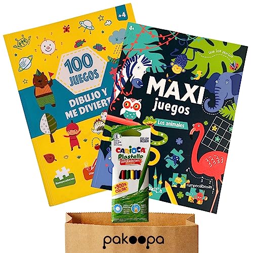 Libros de Actividades para Niños - 2 Cuadernos de 100 hojas y 6 Crayones de Colores - Juegos Infantiles de Animales y Dibuja, con Puzzle, Laberintos, Une los puntos. Colorear