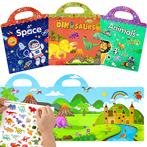 Libros de pegatinas impermeables reutilizables Juguetes para niños - 3 Pack de libros de pegatinas para la edad de 3-6 años de edad Niños Niñas Niños Animal Dinosaurio de aprendizaje educativo Regalo