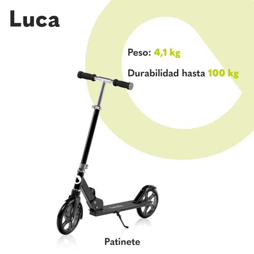 lionelo Luca Patinete Urbano XXL hasta 100 kg, Scooter para niños, Grandes Ruedas 200 mm ShockResist Amortiguador, Volante Ajustable Altura, Freno Plegable (Negro)