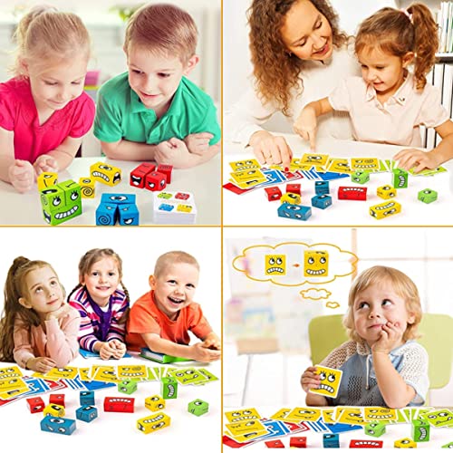 LiRiQi Puzzle de Madera de Expresión Facial, Montessori Interactivo Juguete Rompecabezas Cubos Mágicos Emoji, Bloques Construcción de Madera Juegos, Cubo Regalos Juguetes Educativos para Niños 3 años